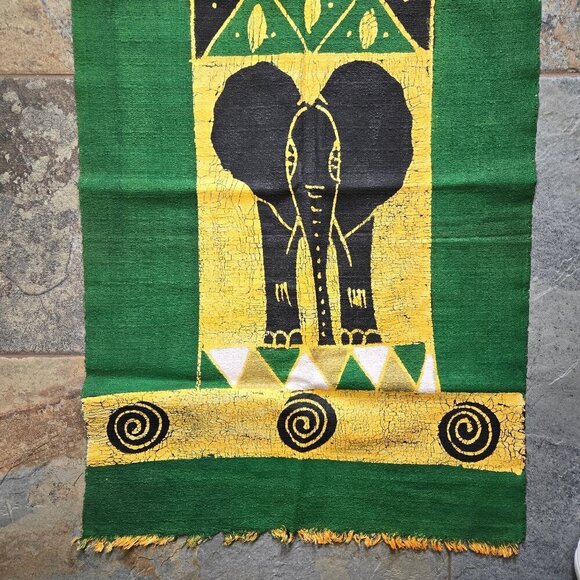Handmade African Elephant Wall Hanging Green Yellow Black White Painted - Picture 4 of 5